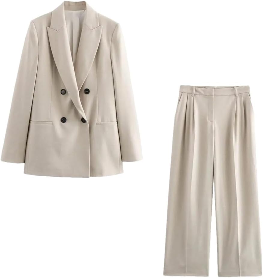 Women's Spring Wear Double-Breasted Suit Jacket with Padded Shoulders Pleated High Waist Trousers