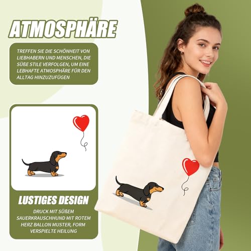 Snyvpra Dackel Tasche, Herzballon Dackel Motiv Stofftasche Mit Hohem Fassungsvermögen, Wiederverwendbare Einkaufstasche Perfekt Für Dackel Geschenke, Alltagsgebrauch, Einkaufen Und Mehr