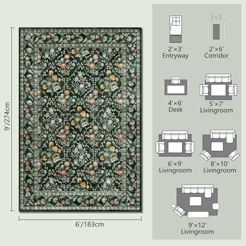 Image of Vintage Botanical Dark Green Area Rug 6x9 Elegant Floral Pattern, Durable Stain-Resistant Fabric, Perfect for Living Room, Bedroom, Dining Room Decor