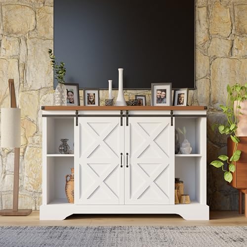 FLORA Farmhouse Sideboard Buffet Cabinet with Sliding Barn Doors, Coffee Bar Storage, 54.25 Inch, White