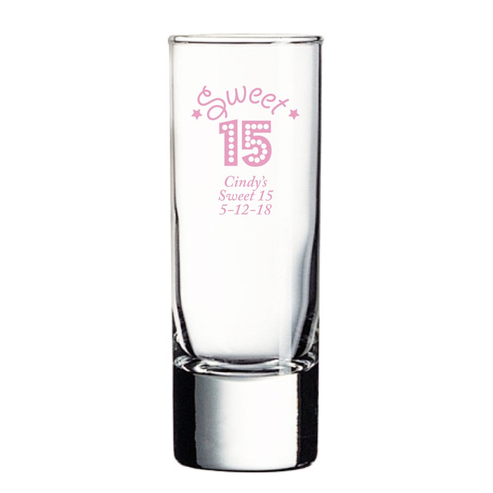 Personalized Color Printed Tall Shot Glass - Sweet 15 Lights - Pink - 24 pack