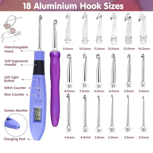 Image of Light up Crochet Hook Set with Stitch Counter Crochet Kit with 18 Different Size Interchangeable Crochet Needle,Ergonomic with 2 Levels Led and Digital Stitch Counter for Crocheting and Knitting