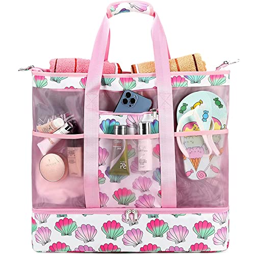 YCBB Waterproof Beach Tote Bag Large Capacity Foldable Pool Bag with Zipper Large Wet Compartment