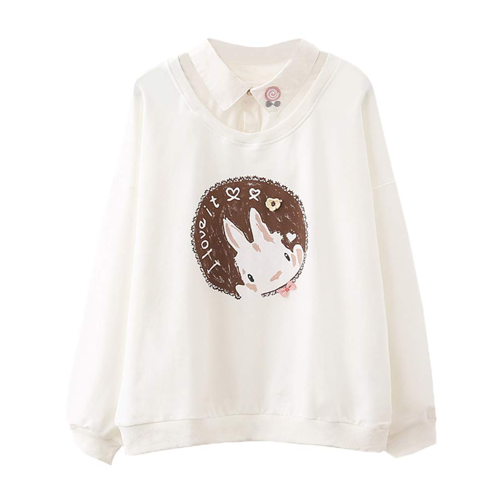 Teens Pink Sweatshirt, Spring Autumn Cotton Patchwork Pullover Bunny Print Thin Tops