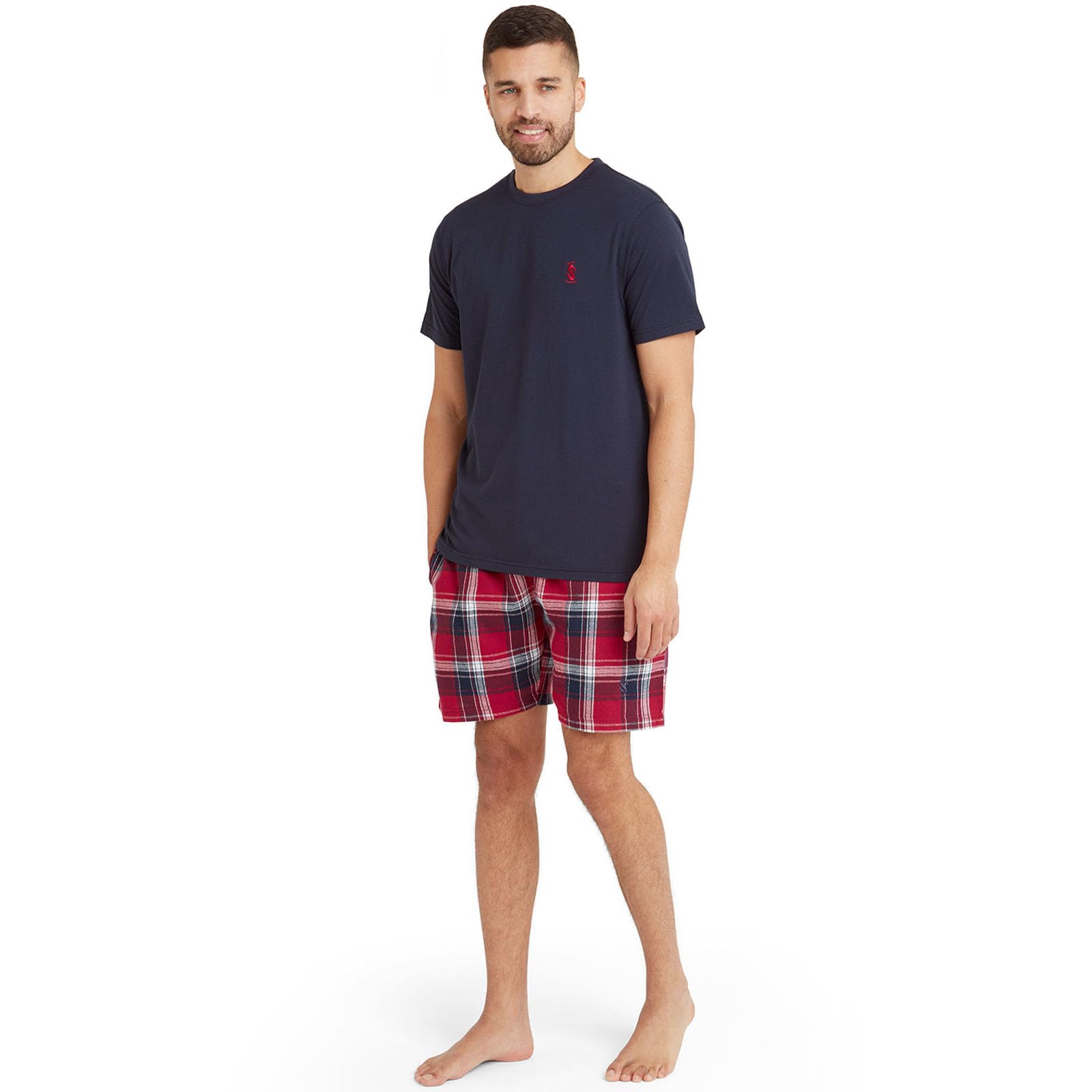 SnuggarooMens Short Sleeve T-Shirt Check Shorts Pyjama Set - Navy/Red - XL
