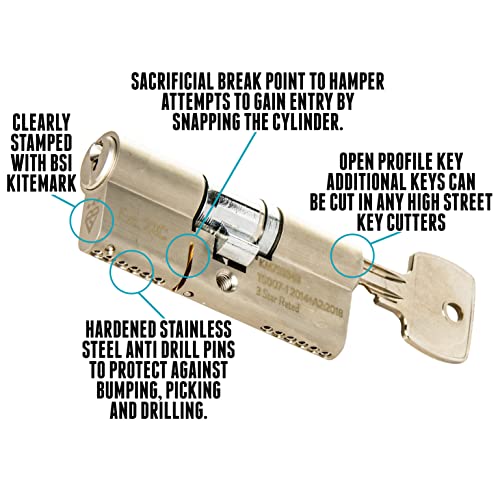 TS007 3 Star British Standard Insurance Approved Euro Lock. Anti Snap Police Preferred Product Satin Nickel Finish with 3 Keys. 3 Star Euro Cylinder. (45mm Internal x 55mm External (100mm Total)) - Image 3