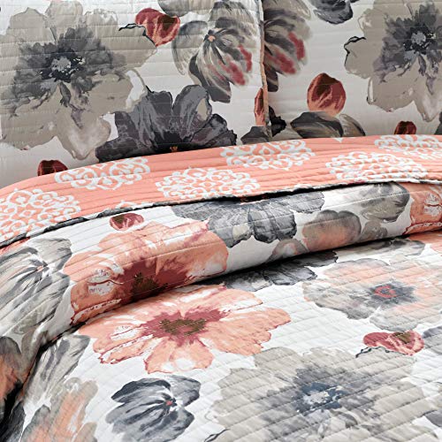 Image of Lush Decor Leah Reversible Floral Quilt Set, 3 Piece Set, King, Coral & Gray - Watercolor Botanical - Cottage Core - French Country Decor- Bedding Queen Size