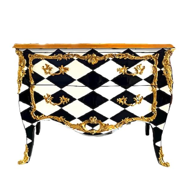 Commode noire et blanche de style baroque français, 120 cm de large, avec table de chevet fabriquée à la main en laiton doré avec motif losanges et deux...