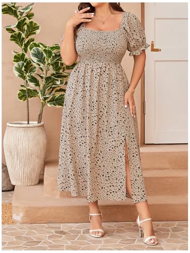 Image of Verdusa Women's Plus Size Boho Floral Long Dress Square Neck Shirred Flowy Wedding Guest Dresses