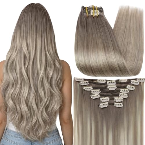 Image of Full Shine Clip in Human Hair Extensions, Balayage Grey to Platinum Blonde | Remy Hair Clip in Extensions, for Holiday Party, for Highlights, 22 Inch 7 Pcs 120g