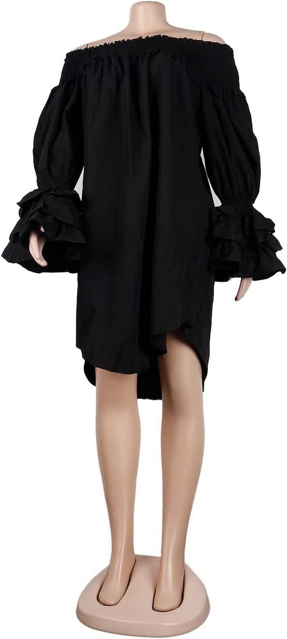 MESLIMA Women's Casual Plus Size Shirred Off Shoulder Bell Long Sleeve Ruffle Loose Irregular Hem Midi Dress - Image 5