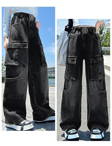 Happy Cherry Kids Girls Baggy Jeans Ripped Distressed Washed Casual Wide Leg High Waist Elastic Band Denim Pants4