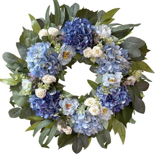 WANNA-CUL 24 Inch Spring Blue Hydrangea Wreaths for Front Door,Spring Door Wreath with Blue White Rose and Peony Flower for Wedding or Indoor&Outdoor Wreath Decoration