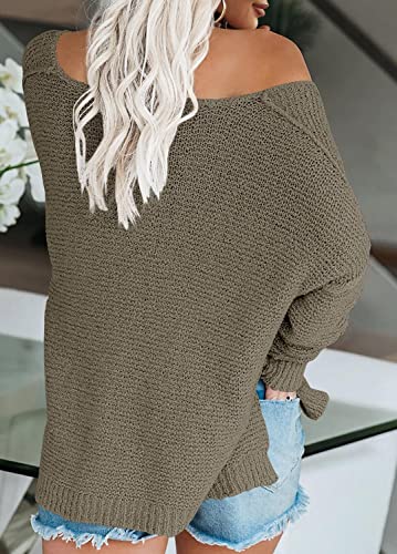 Image of Women's Off Shoulder Knit Sweaters Oversized V Neck Long Sleeve Loose Lightweight Pullover Tops