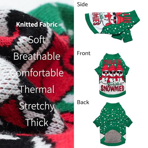 Image of Fitwarm Chillin with My Snowmies Dog Ugly Christmas Sweater, Winter Dog Clothes for Small Dogs Girl Boy, Pet Holiday Sweatshirt, Xmas Snowman Outfit, Green, Red, White, XS