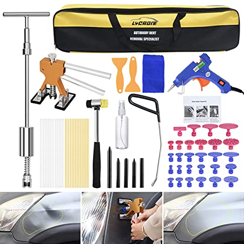 Dent Remover Repair Puller Tool Kit, Slide Hammer T Bar Dent Puller, Golden Lifter, Bridge Puller & Glue Gun for Automobile Body Motorcycle Refrigerator, Included Instruction Manual & Video (62PCS)