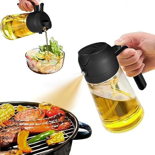 2 in 1 Oil Sprayer for Cooking, Olive Oil Dispenser, 16oz/470ml Glass Oil Spray Bottle with Pourer, Food-Grade Oil Dispenser and Oil Sprayer for Kitchen, Salad, Frying