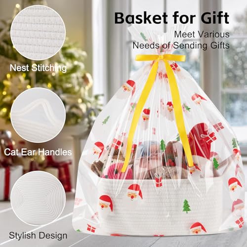 Image of OIAHOMY Woven Basket, Gift Basket Empty with Gift Bags and Ribbons, Rope Baskets for Baby Showers, Storage Baskets with Handles for Nursery, Pet Toy Organizer - Christmas White
