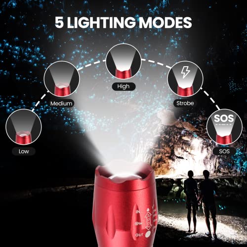 Six Foxes Flashlight, 3000 High Lumens Tactical Flashlights, With 5 Modes And Waterproof, For Camping, Outdoor Hiking, Emergency, Gifts For Kids, Women & Men, (Red) #TOP1