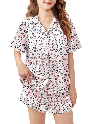 Image of Arshiner Girls Pajamas Silk Satin Pajama Set Button Pjs Ruffle Sleepwear | 2 Piece Nightwear, Silky Soft Lounge for Little & Big Kids, Ideal for Sleeping and Sleepover Party