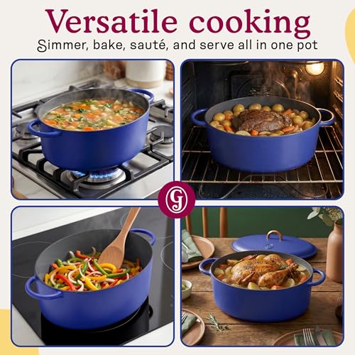 Image of Great Jones 6.75 Quart Enameled Cast Iron Dutch Oven Pot w /Lid(Blueberry) | Large Dutch Oven For Bread Baking, Oval with Dual Handles, All Stovetop Safe up to 500, Non Stick & Dishwasher Friendly