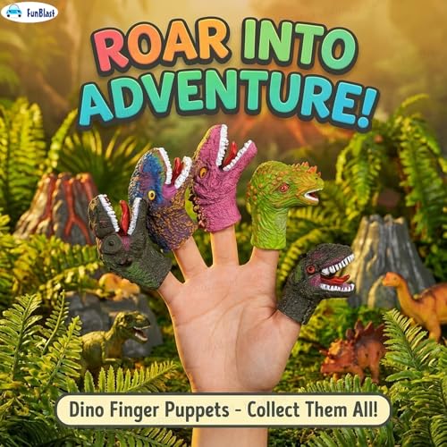 Image of FunBlast Dinosaur Finger Puppets Set for Kids - Soft Rubber Realistic Dino Head Toys for Pretend Play, Birthday Return Gifts & Party Favors (Pack of 5) - Color May Vary