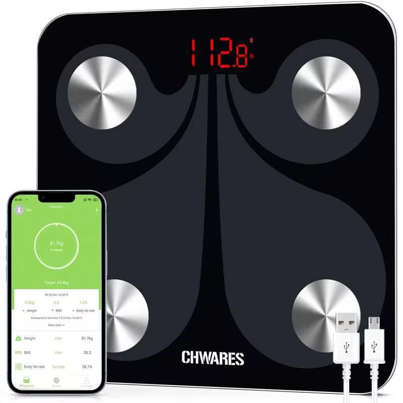 CHWARES Báscula de Grasa Corporal Inteligente Bluetooth Recargable por USB Báscula para Baño Digital con Aplicación Inalámbrica Monitor de Composición Corporal para Peso Corporal,báscula de baño