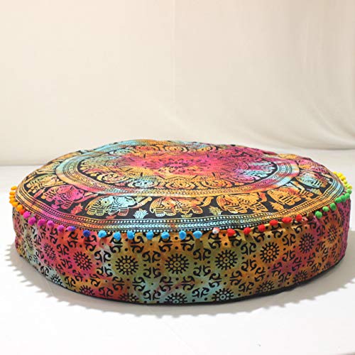Gdonline Elephant Mandala Cotton Handmade Round Floor Pillow Case Indian Round Pouf Large Meditation Pillow Cover Outdoor Bed Cover Round Cushion Cover 35 X 35X Inch #TOP11