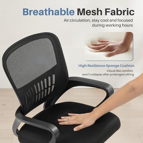 Image of DUMOS Home Office Computer Chair - Ergonomic Mid Back Desk with Lumbar Support and Rocking Mode, Height Adjustable with Fixed Armrest, for Conference Meeting Room, 360 Swivel, Adults, Black
