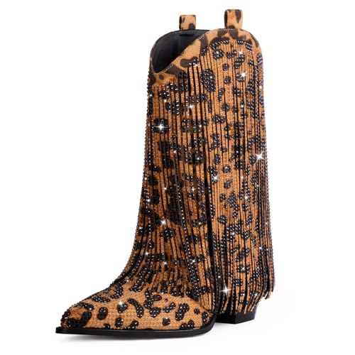 Image of Ouepiano Cowboy Boots for Women - Cowgirl Rhinestone Boots with Sparkly Fringe Pointed Toe Western Boot Chunky Heel Pull-On Wide Calf Botas Vaqueras