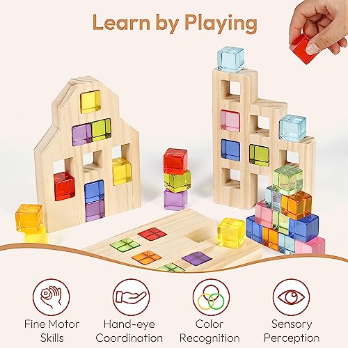 Image of Woodtoe 36 PCS Rainbow Acrylic Gem Blocks, Wooden Blocks for Kids Ages 3-6