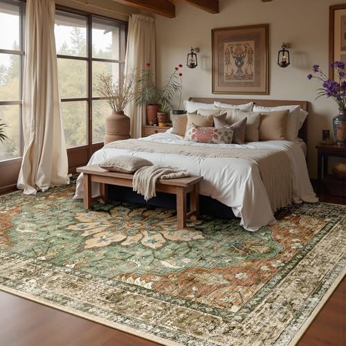 Area Rugs 8'x10' Washable Non-Slip, Floral Vintage Distress Print Pattern Medallion Carpet for Living Room Bedroom Dining Room, Brick Red Rust Neutral Brown Burnt Orange Green - Image 4
