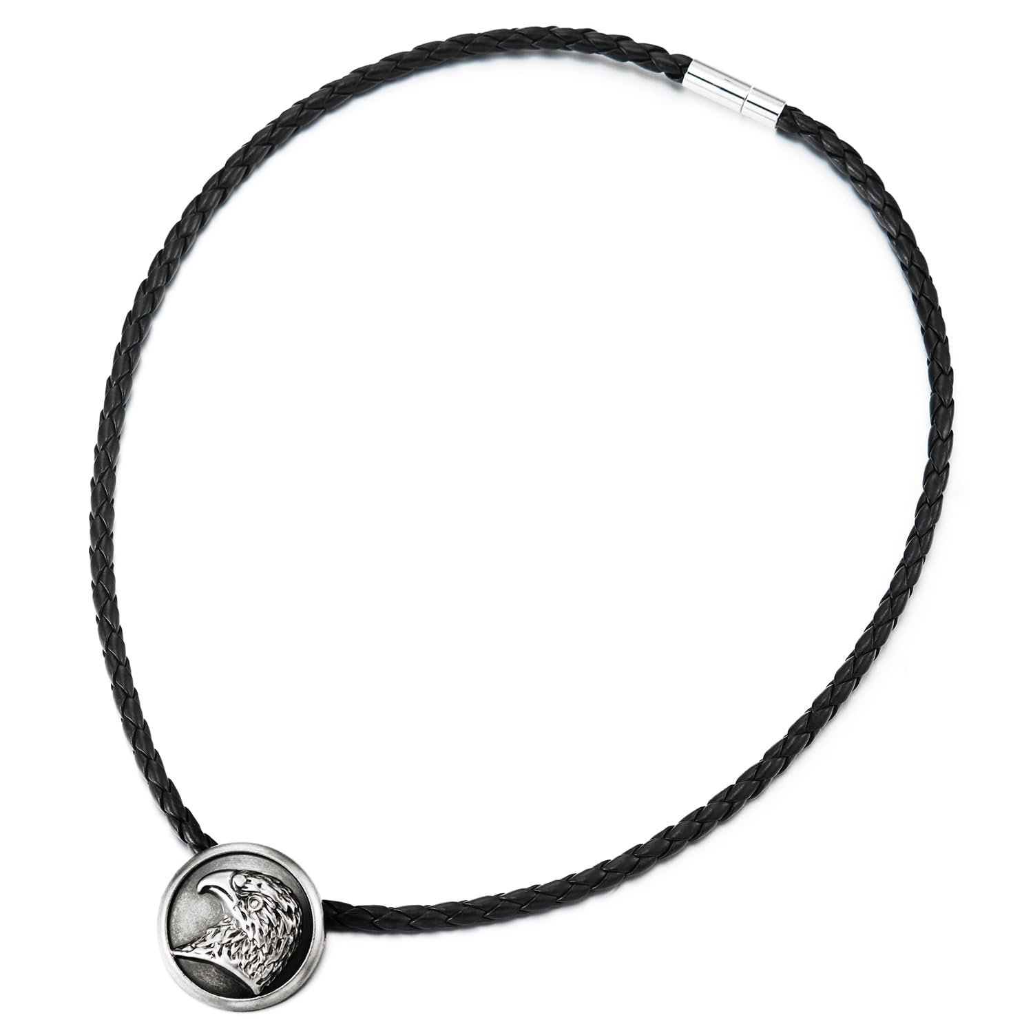 COOLSTEELANDBEYOND águila Círculo Medalla Colgante Collar, Hombre, Negro Cuero Collar Trenzado