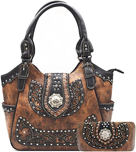 Western Style Rhinestone Studs Floral Berry Concho Studded Purse Country Cowgirl Handbag Women Shoulder Bag Wallet Set Brown