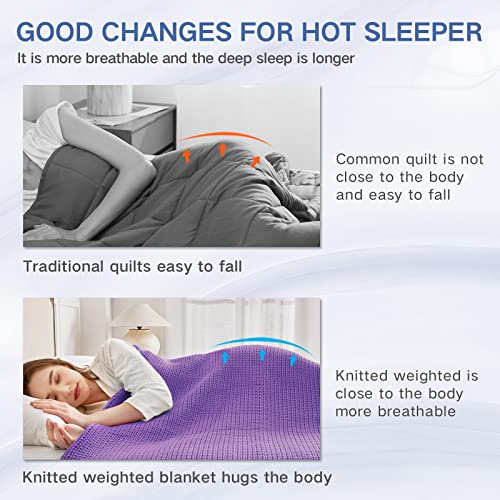 Guohaoi Knitted Weighted Blanket for Adults (Purple 60"x80" 15lbs) No Beads Cooling Throw Blanket for Hot Sleepers, Home Decor Breathable Chunky Knit Heavy Blanket Use on Queen/King Size Bed