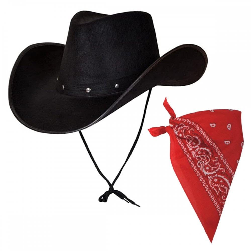 Titch & Timbo Black Texan Cowboy Hat + Bandana Set : Adult Mens Womens Western Wild West Rodeo Barn Dance Cowgirl Music Festival Pop Tour Fancy Dress Accessory (Paisley Bandana, Red Bandana)