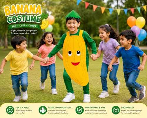 Image of Raj Costume Kids Mango Fruit Costume Apron with Cap for Boys & Girls | Cute Yellow Cutout Fancy Dress | Soft Felt Fabric | Role Play Outfit
