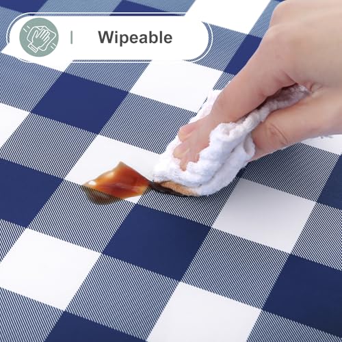 Image of misaya Oval Waterproof Vinyl Table Cloth, Buffalo Flannel Backed Tablecloth, Wipeable Plastic Table Cover for Dinner, Kitchen, Outdoor (60 inch x 102 inch, White and Navy)