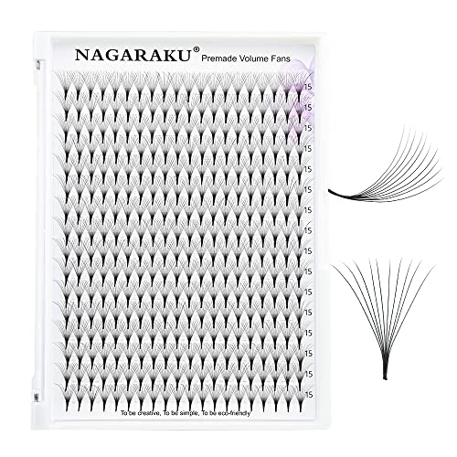 NAGARAKU Eyelash Extensions 320 Clusters Premade Fans Russian Volume Long Stem Premade Fans Thin Pointy Base Natural Pre Fanned Fluffy False Eyelash Black 16 Rows (10D 0.07 D Curl 15mm)