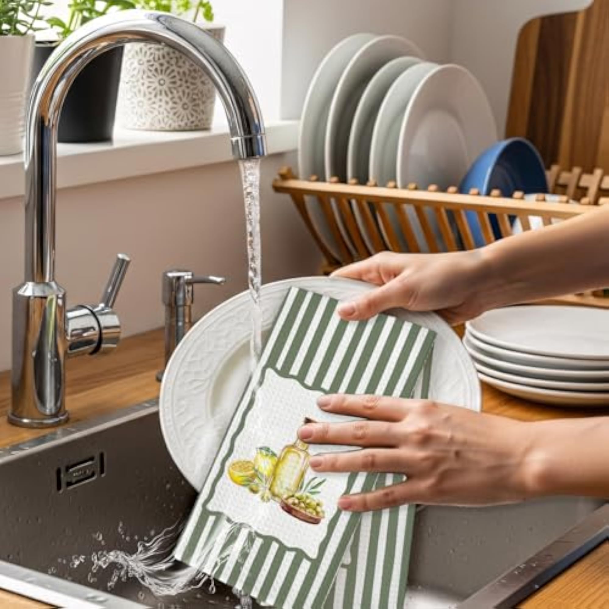 Farmhouse Lemon Olive Kitchen Towels, Rustic Sage Green Stripes