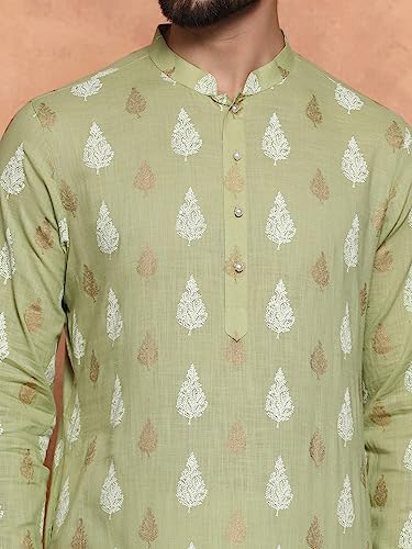 Image of KISAH Men Green and White Kurta, Cotton, Full Sleaves, Knee Length, Straight, Regular Fit, Mandarin Collar Ethnic wear