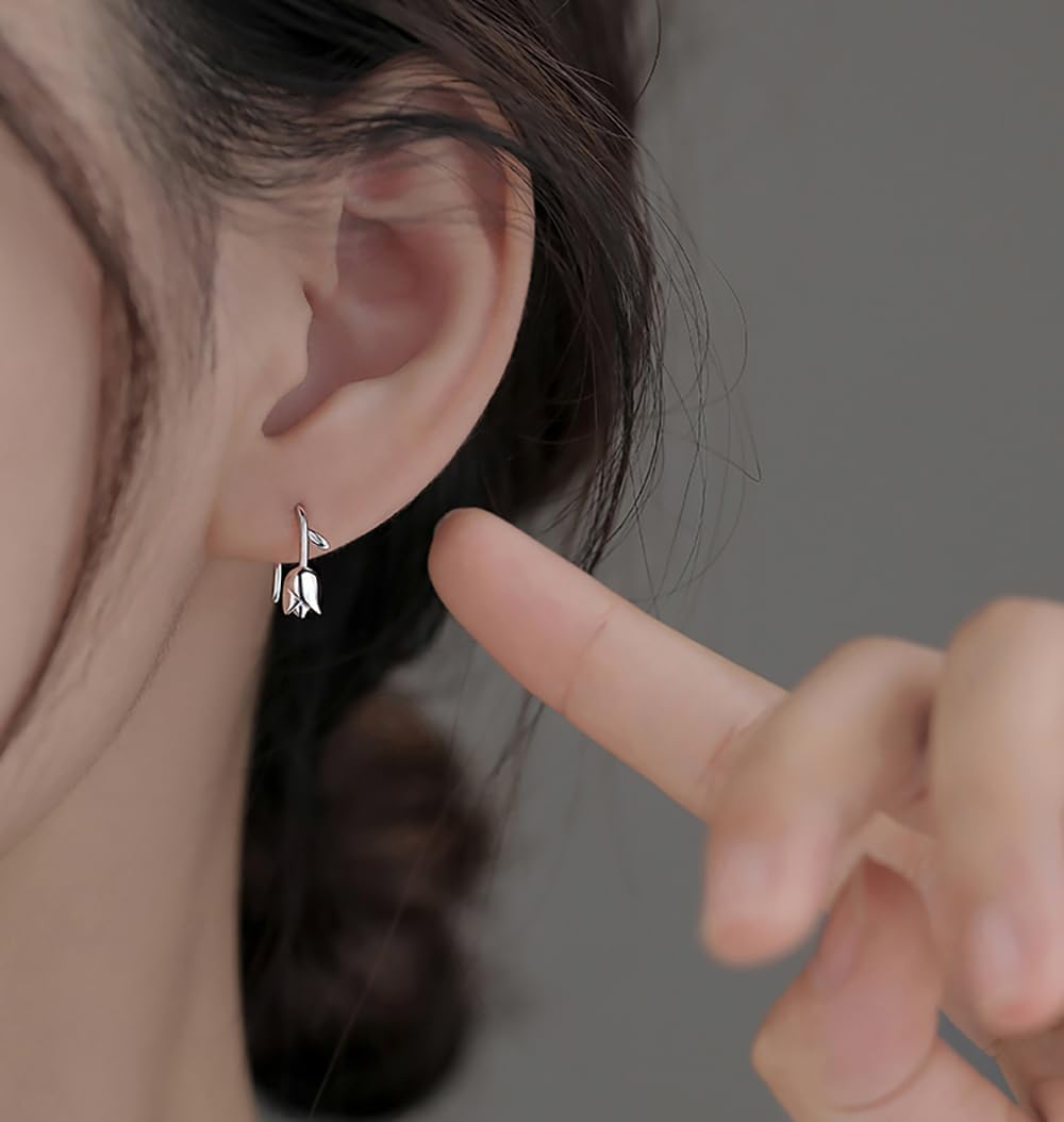 Reffeer Solid 925 Sterling Silver Flower Crawler Cuff Earrings Wraps for Women Teens Tulip Flower Wrap Earrings - Image 2
