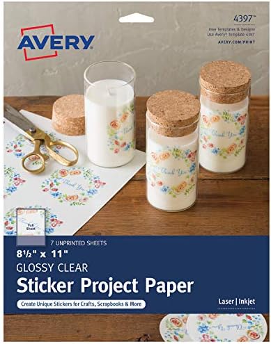 Avery Printable Sticker Paper, Glossy Clear, 8.5" x 11", Laser & Inkjet Printers, 7 Sheets (4397)