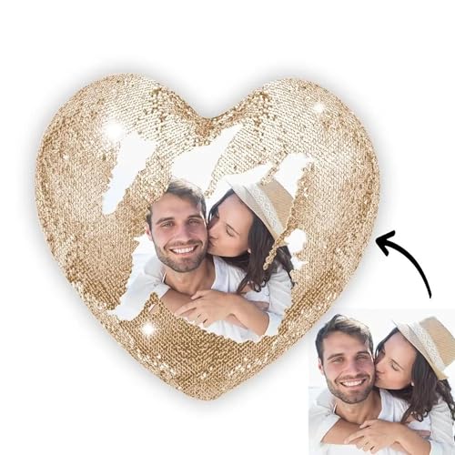 Larilotte Housse de Coussin cœur à Paillettes réversibles personnalisée avec Photo, Texte ou Logo – Déco DIY pour canapé, lit et Maison – 43x35 cm