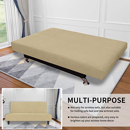Image of Easy-Going Stretch Medium Futon Slipcover Armless Futon Cover Beige | Sofa Bed Furniture Protector Without Armrests with Elastic Bottom for Kids, Soft Jacquard Machine Washable