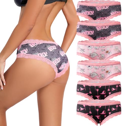 TenderTouch 6 Pack Women's Sexy Panties - Playful Low Rise Lace Hipster Underwear Fun Prints for Cosplay Party Honeymoon