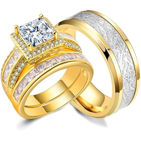 CEJUG 18K Gold Plated Wedding Bands Sets for Him and Her Wedding Rings Engagement Ring Bridal Ring Women Matching Men's CZ Titanium Band 10&6 Cover