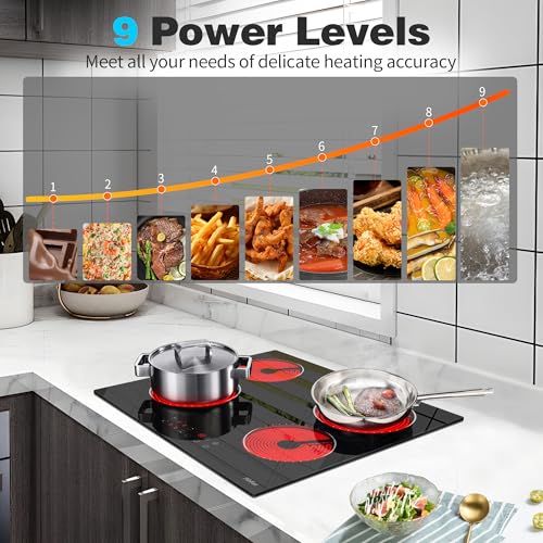 Glaskeramikkochfeld 4 Zonen Kochfelder Sensor-touch Control Kochfeld Autark 60cm, 6000W, 9 Leistungsstufe, verkabelt, kein Stecker