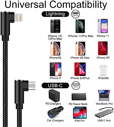 Osecet USB C to Lightning Cable 1ft MFi Certified 3 Pack Right Angle iPhone Charger 90 Degree Nylon Braided Lightning to USB C Fast Charging Cable for iPhone 13 12 11 Pro X XS XR 8 Plus 7 6 5 (Black)