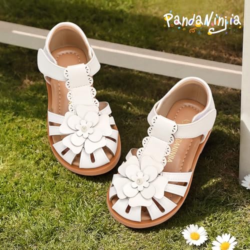 PANDANINJIA Toddler Sandals Girls Closed Toe Flat Sandals Little Kids T-Strap Summer Dress Shoes Party Wedding White Flower Girl Shoes(White Pu 9 M US Toddler) by PANDANINJIA - Used condition - Image 4